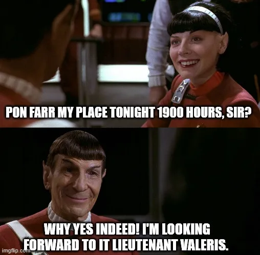 The image is a two-panel meme from Star Trek: The Next Generation. The top panel shows Lieutenant Valeris smiling and…