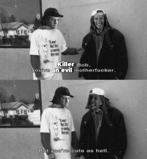 A black-and-white split image from a movie scene featuring two men. In the top panel, a man in a white t-shirt and cap…