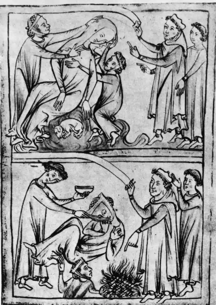 This medieval manuscript illustration depicts two scenes: in the top panel, a woman is held down by two men while a third…