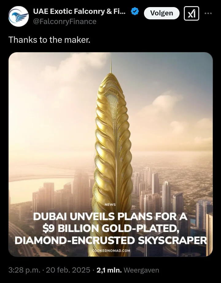 A digitally rendered image shows a skyscraper shaped like a giant golden feather rising above a cityscape, with overlaid…