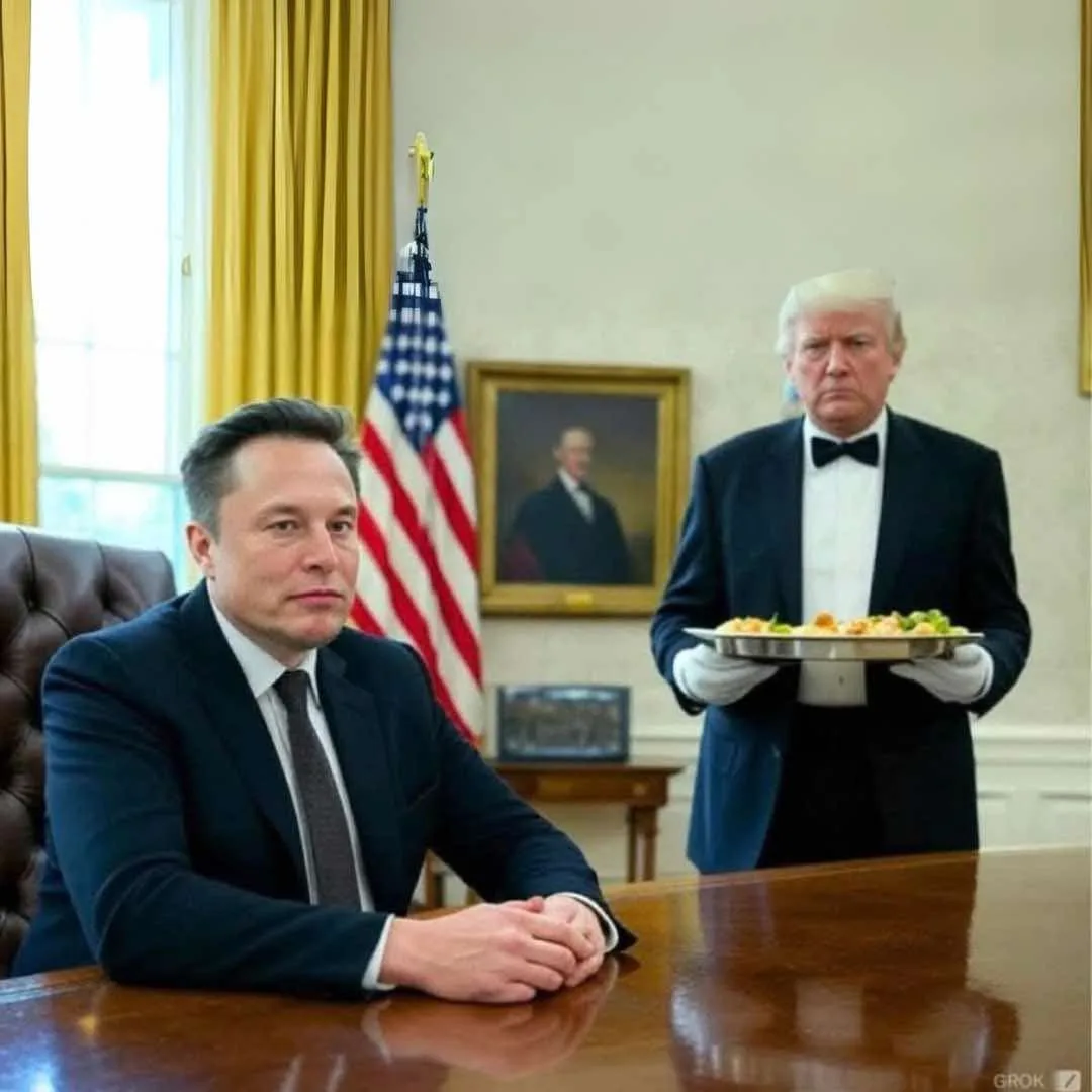 elon musk sits at a large wooden desk in what appears to be the oval office, with an american flag and yellow curtains…