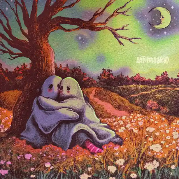 Two cute, cartoonish ghosts with rosy cheeks are hugging under a bare tree in a field of flowers under a crescent moon. The…