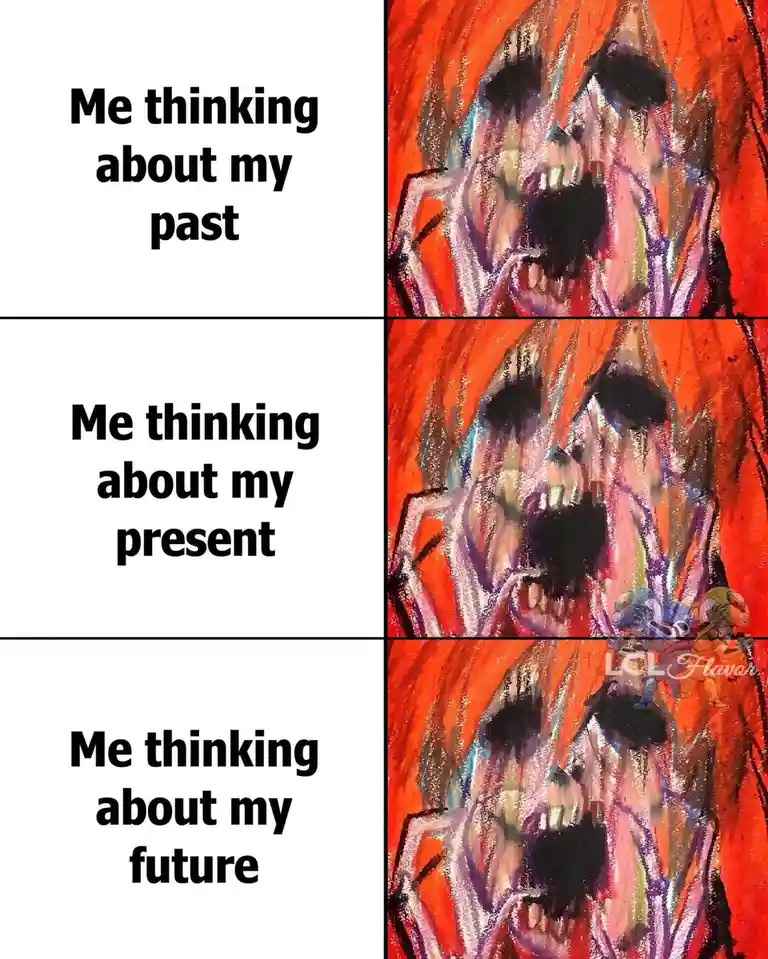 A three-panel meme with identical artwork of a screaming, distorted face against a fiery orange background. Each panel has…