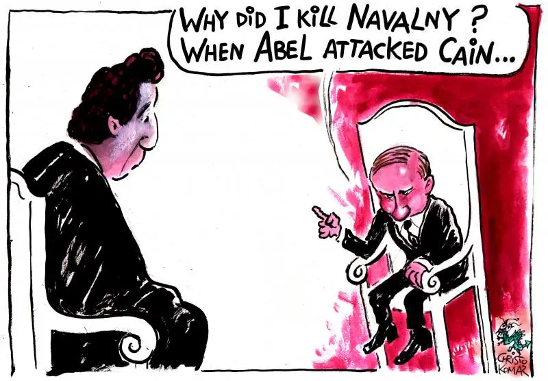 A cartoon depicts Vladimir Putin seated in a red throne-like chair, pointing accusingly at an unseen interviewer. The…