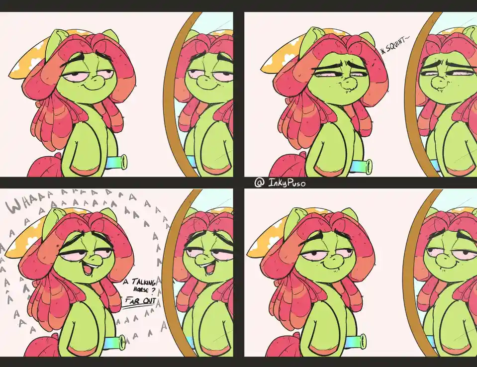 A green-skinned, pink-haired cartoon character with cat-like ears sits in front of a mirror, initially smirking, then…