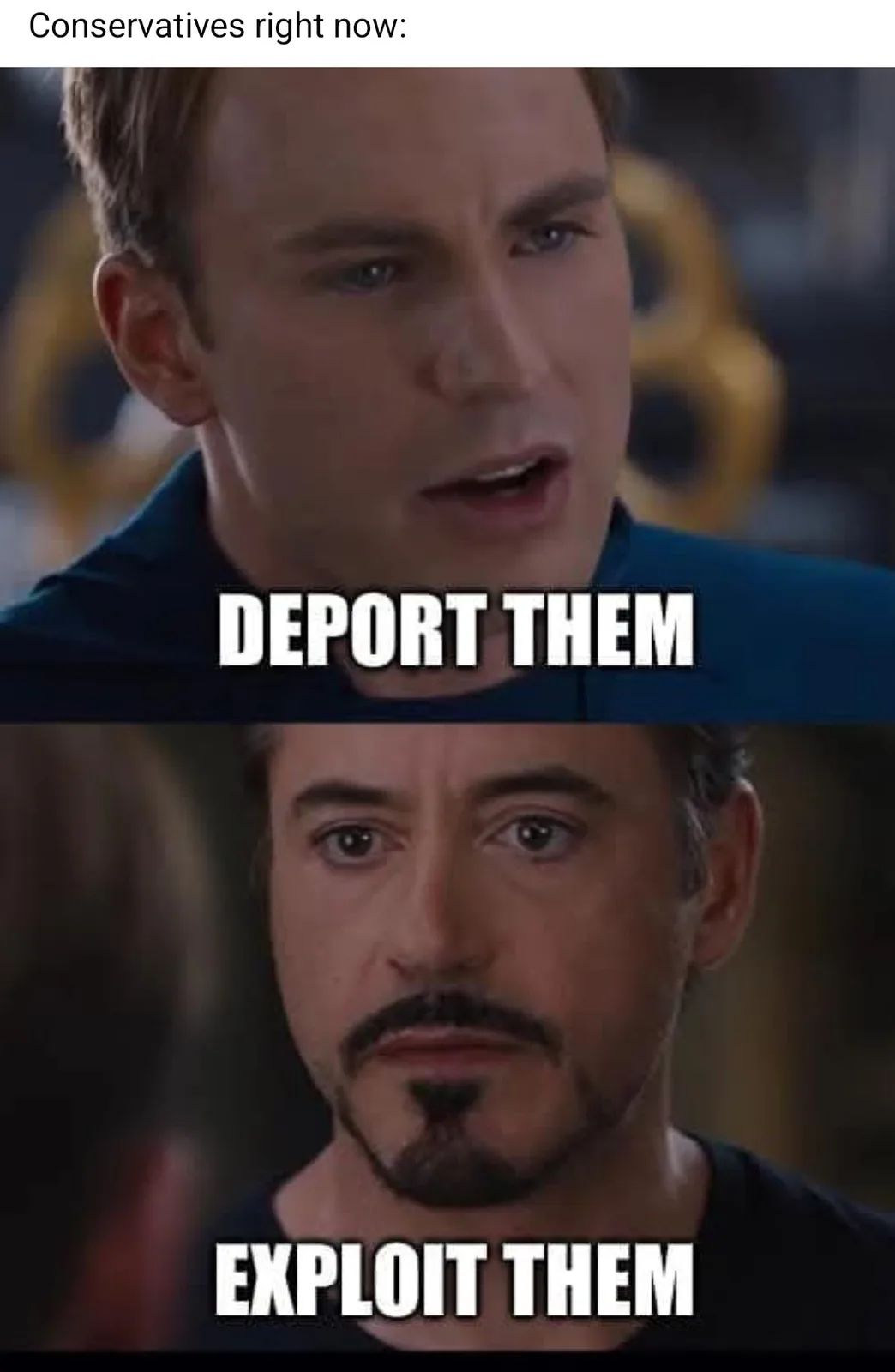 The image is a two-panel meme featuring actor Chris Evans as Captain America looking shocked and saying 'DEPORT THEM'…