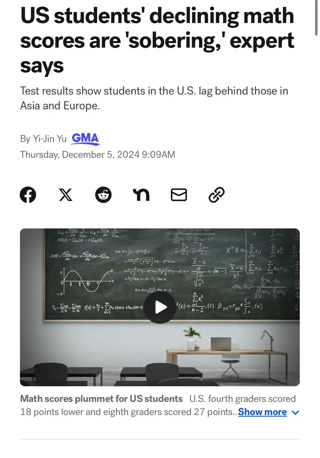 A screenshot of a news article from GMA dated December 5, 2024, with a headline about declining US math scores. The image…