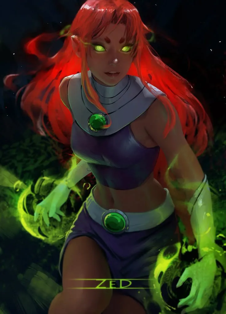 A digital illustration of a female character with long red hair, glowing green eyes, and green energy swirling around her…