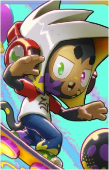 A cartoon character with a white helmet and red goggles, wearing a white t-shirt and blue pants, is on a skateboard with a…