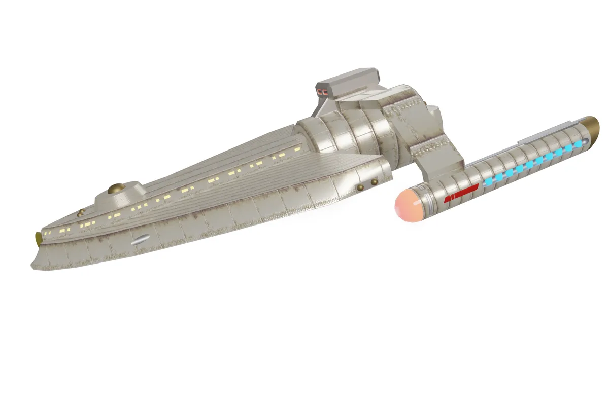 A 3D-rendered, weathered, silver spaceship with glowing blue engine lights and a pinkish-orange exhaust port is shown…