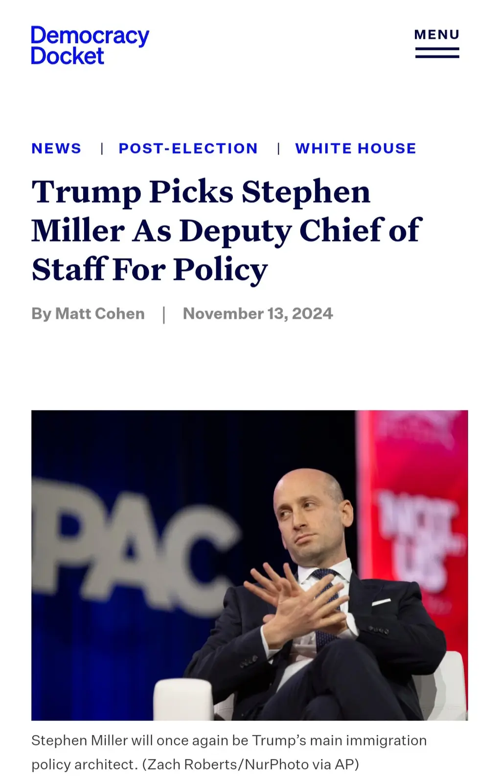 A screenshot of a fake news article from 'Democracy Docket' dated November 13, 2024, with the headline 'Trump Picks Stephen…