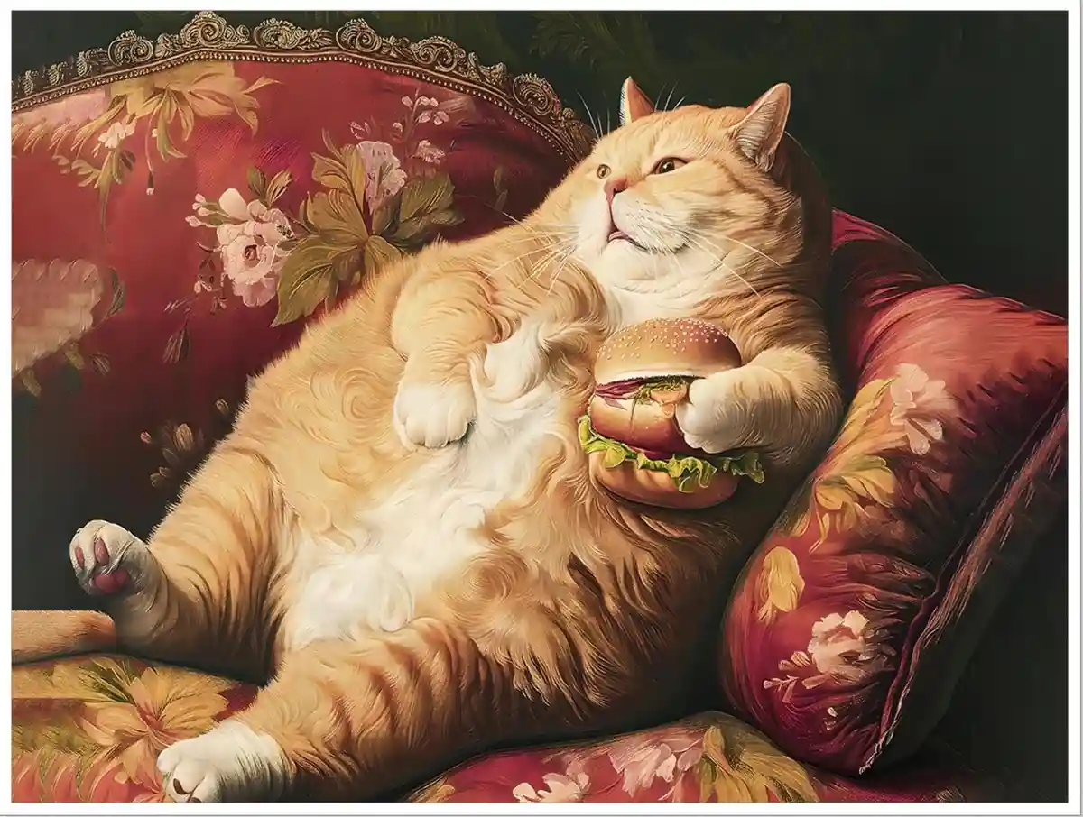 A large, fluffy orange tabby cat lounges regally on a richly upholstered red floral couch, holding a hamburger in one paw…