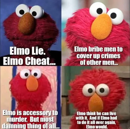 A four-panel meme featuring the character Elmo from Sesame Street, each panel showing him with progressively more severe…