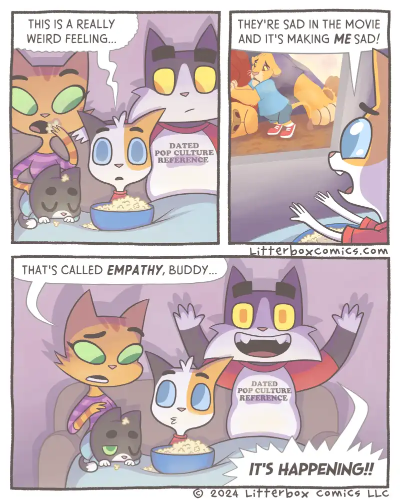 Three cartoon cats sit on a couch eating popcorn. One cat, wearing a shirt that says 'DATED POP CULTURE REFERENCE,' watches…