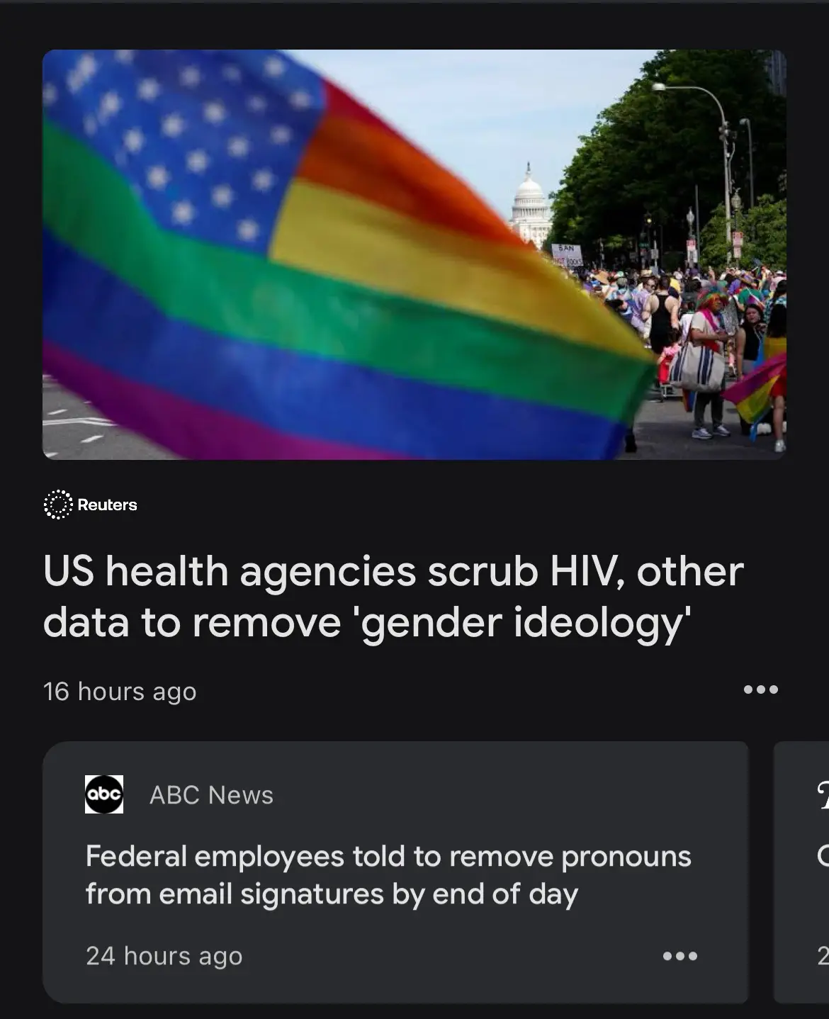 A screenshot of a news feed showing a Reuters headline about US health agencies removing HIV data to remove 'gender…