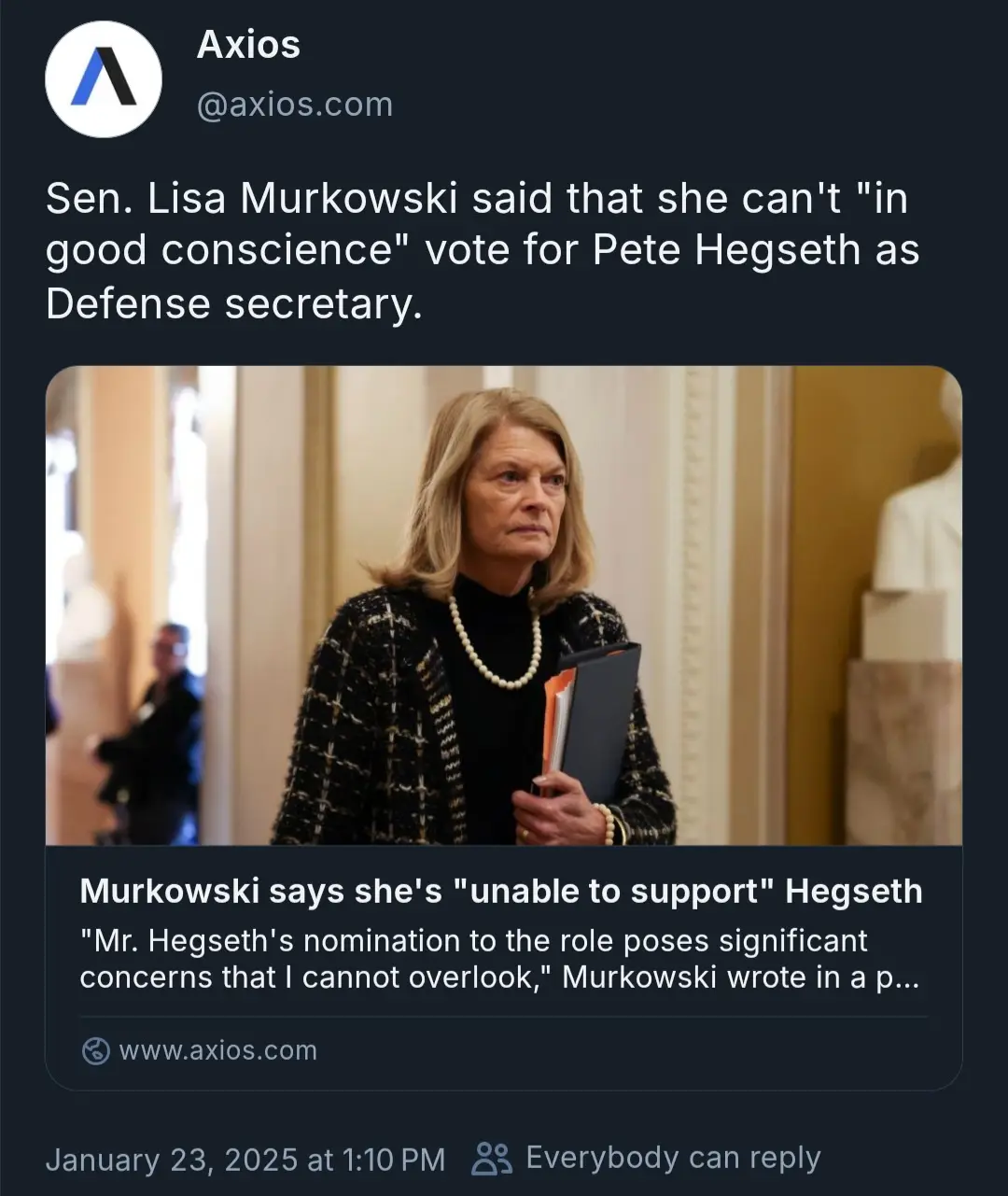 A screenshot of an Axios tweet shows Senator Lisa Murkowski looking serious while holding a folder. The tweet text states…