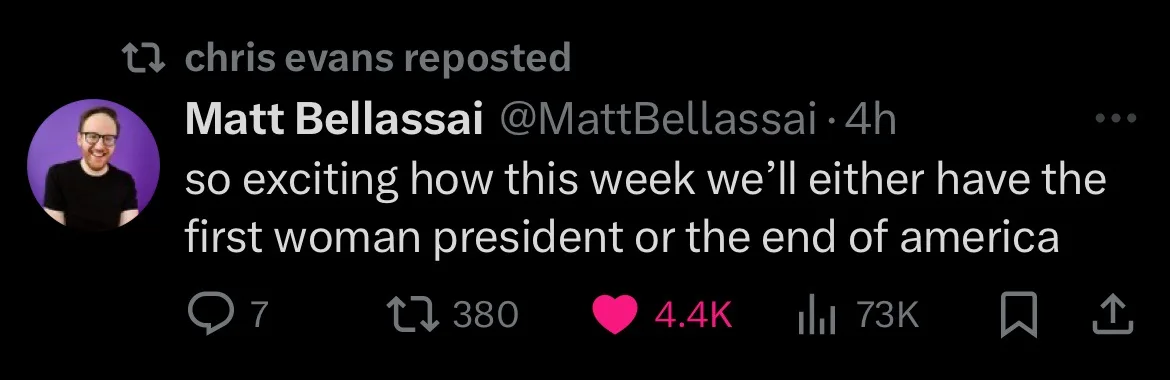 A screenshot of a tweet by Matt Bellassai, reposted by Chris Evans, showing the tweet text 'so exciting how this week we'll…