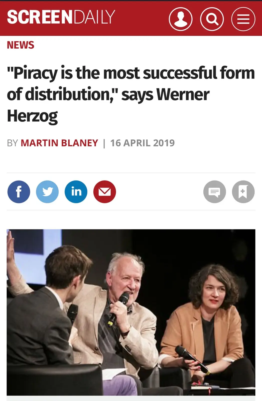 A screenshot of a ScreenDaily news article from April 2019 shows Werner Herzog speaking at a panel, with the headline…