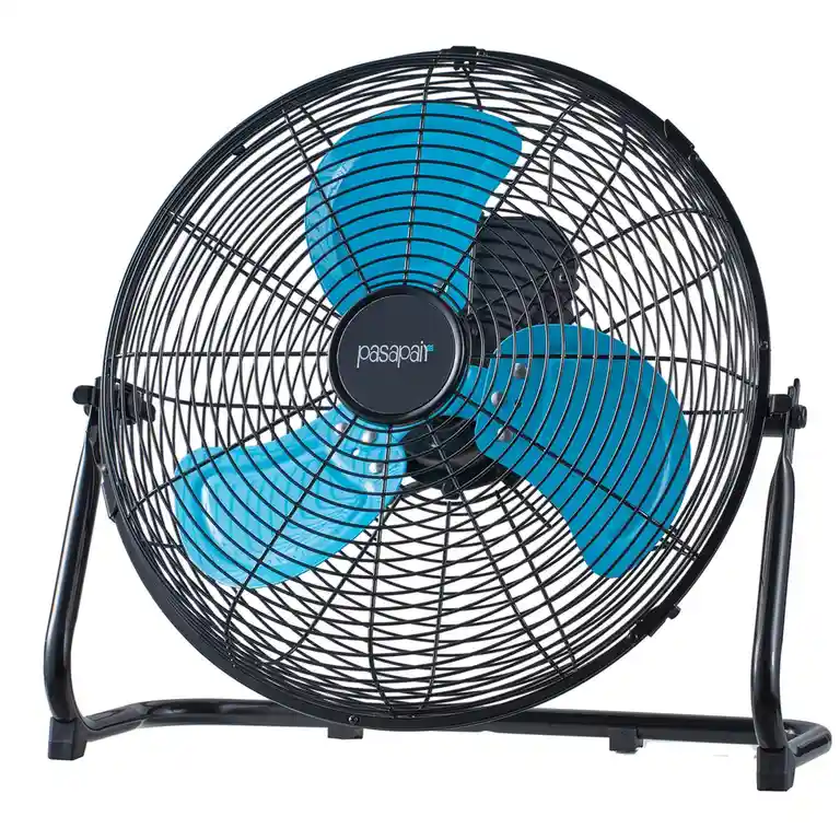 A black Pasapain brand standing fan with three bright blue blades, enclosed by a protective wire cage and mounted on a black…