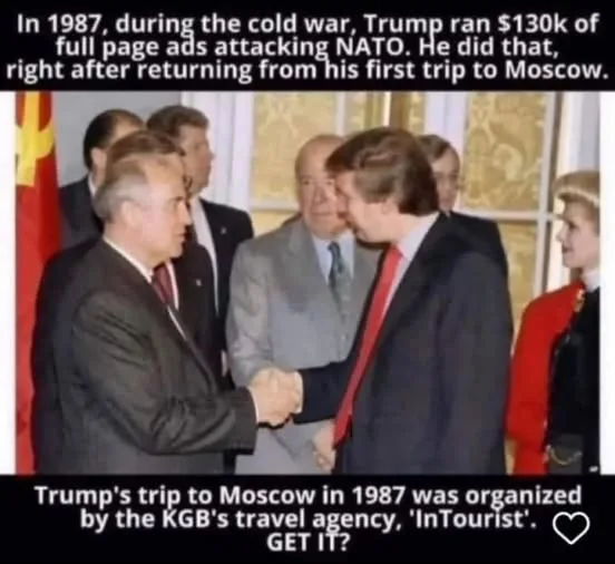 A historical photo shows Donald Trump shaking hands with a Soviet official in 1987, with other men and a woman in red…