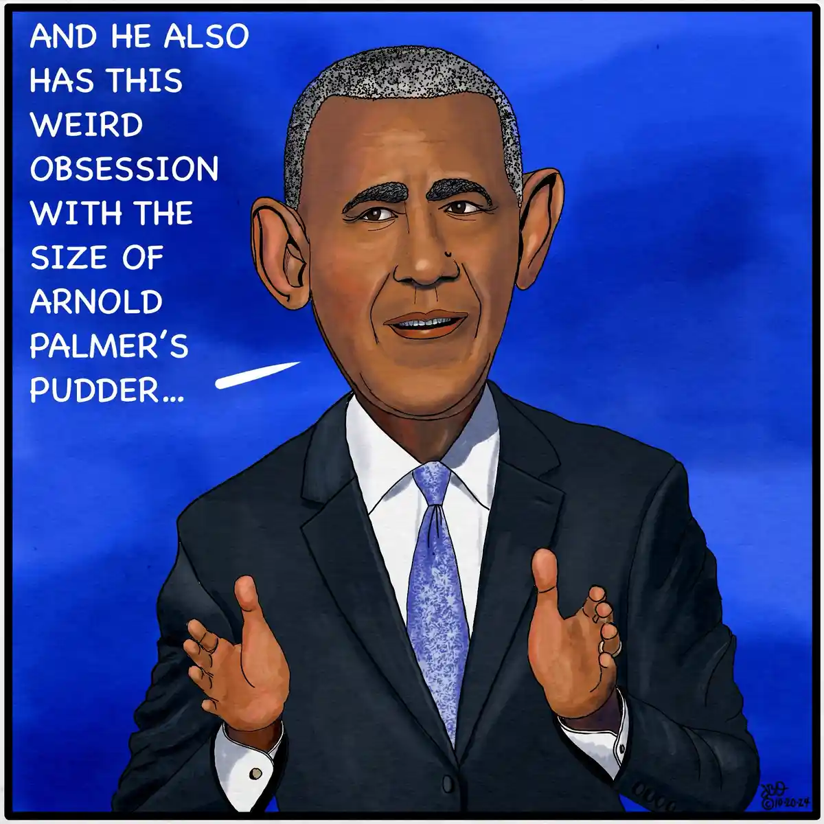 A cartoon illustration of Barack Obama in a suit and tie against a solid blue background, gesturing with both hands as if…