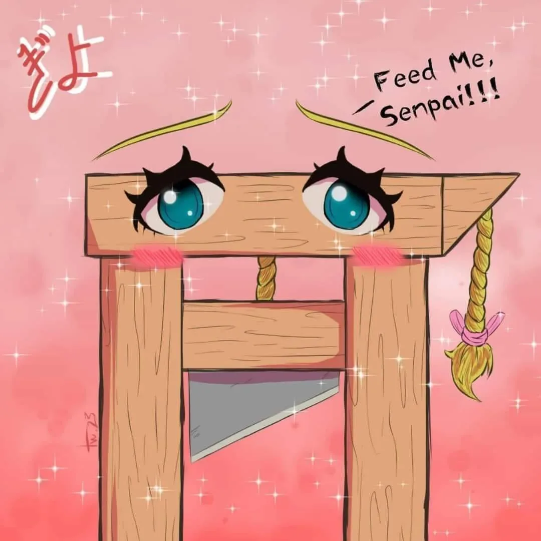 A cartoonish wooden guillotine with large blue anime-style eyes, rosy cheeks, and a blonde ponytail tied with a pink ribbon…