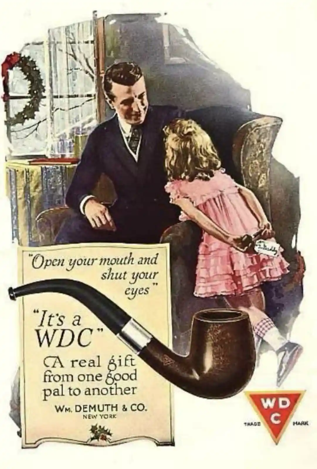A vintage 1930s advertisement depicts a man in a suit sitting in an armchair with a young girl in a pink dress. The girl is…
