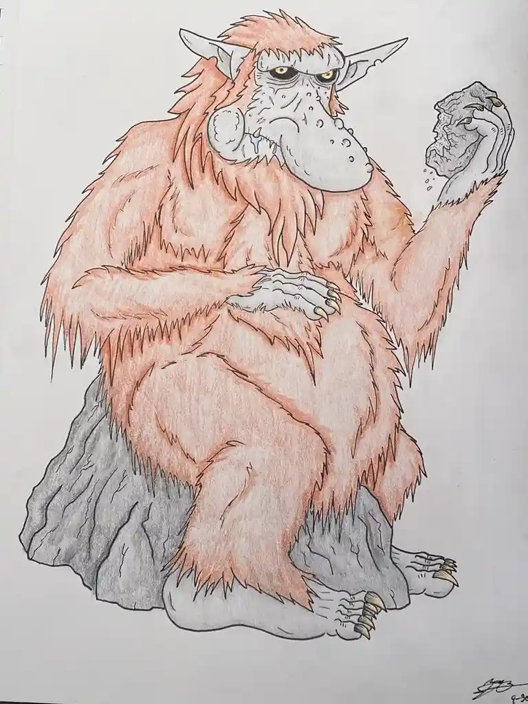 A hand-drawn illustration depicts a large, furry, ape-like creature with pointed ears and a sad, tearful expression, sitting…