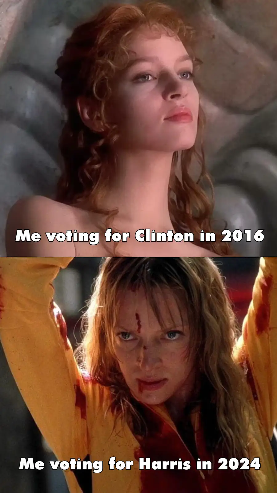 The meme features two images of actress Julianne Moore. The top image shows her with a calm, hopeful expression, overlaid…