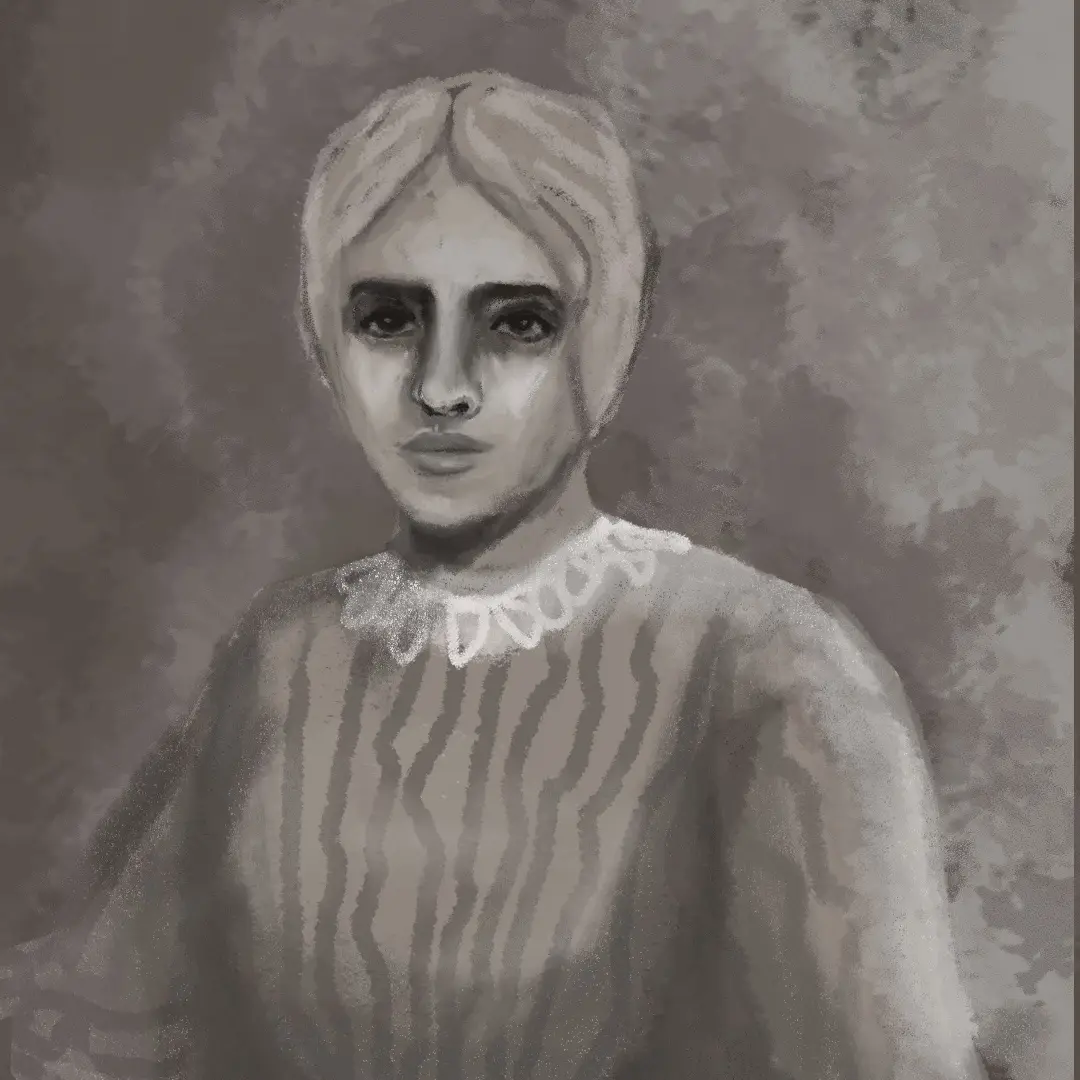 A grayscale portrait of a person with a solemn expression, wearing a dress with vertical stripes and a white lace collar…