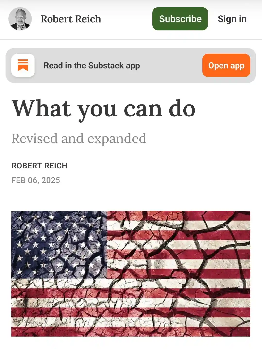 A screenshot of a Substack article by Robert Reich titled 'What you can do' dated Feb 06, 2025, featuring a cracked American…