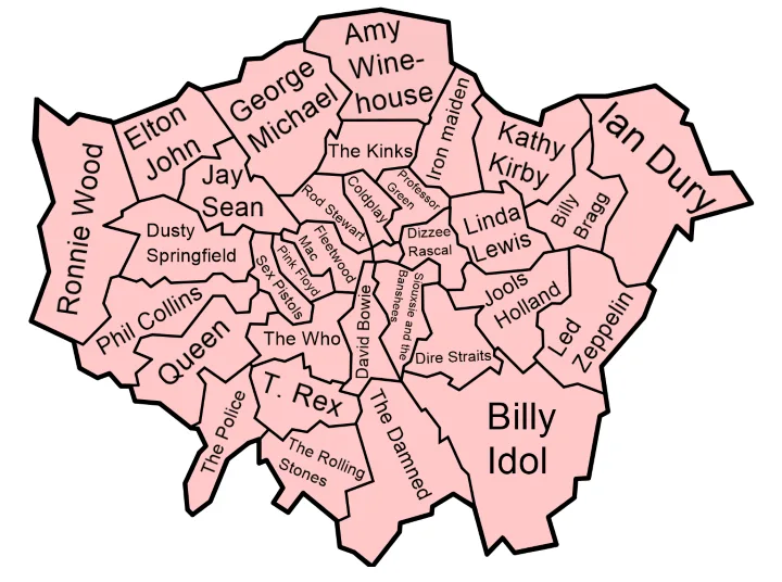 a pink map of england divided into regions, each labeled with the name of a famous british musician or band such as elton…