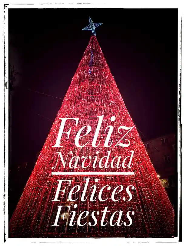A large, illuminated red Christmas tree at night, topped with a star, has white cursive text overlaid that reads 'Feliz…