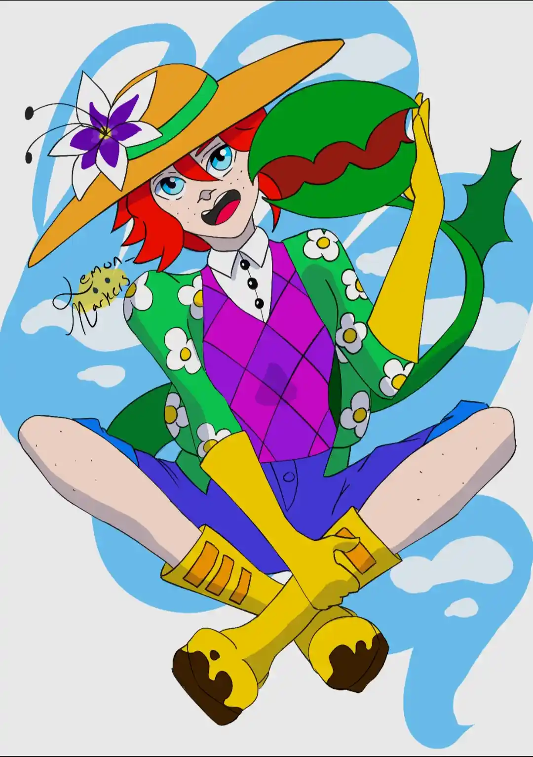 A cartoon character with red hair and blue eyes sits cross-legged against a blue sky with clouds, wearing a large yellow hat…
