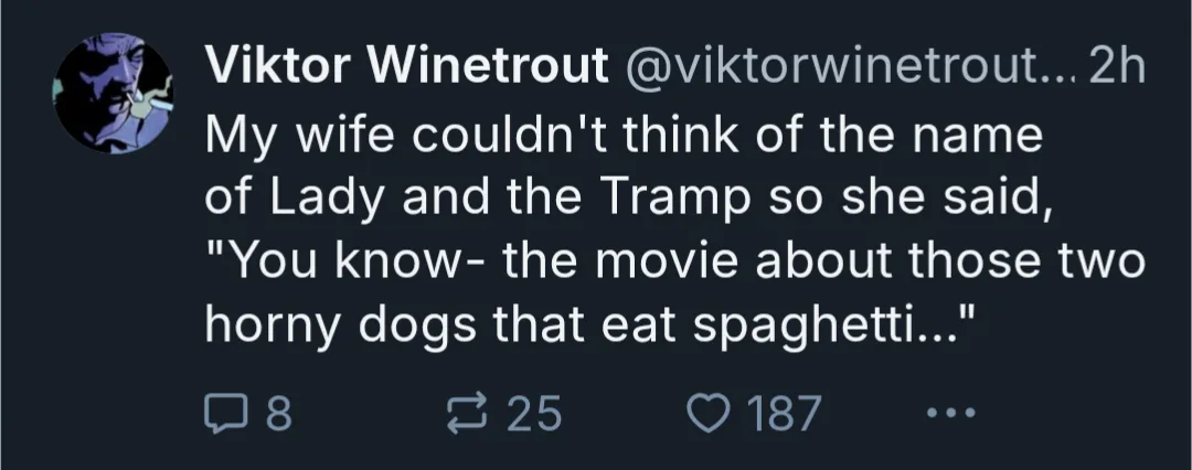 A screenshot of a tweet by Viktor Winetrout showing a dark-themed interface with white text. The tweet humorously recounts…