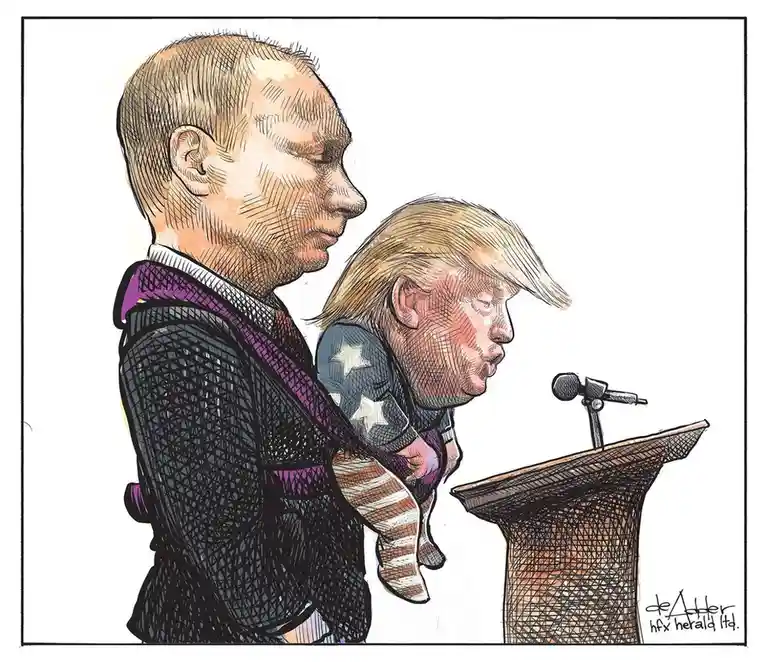 A political cartoon depicts Vladimir Putin in profile, carrying a tiny Donald Trump in a purple baby carrier. Trump is…