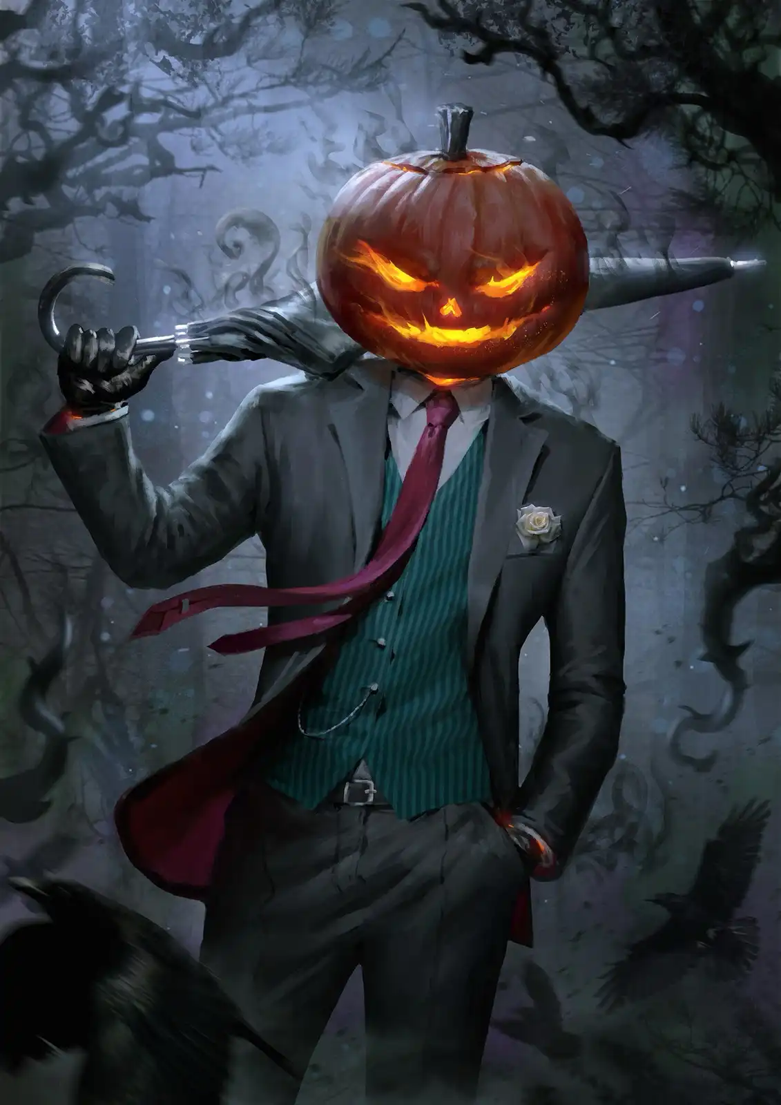 A person in a formal suit with a glowing jack-o'-lantern for a head, holding an umbrella, standing in a spooky forest with…
