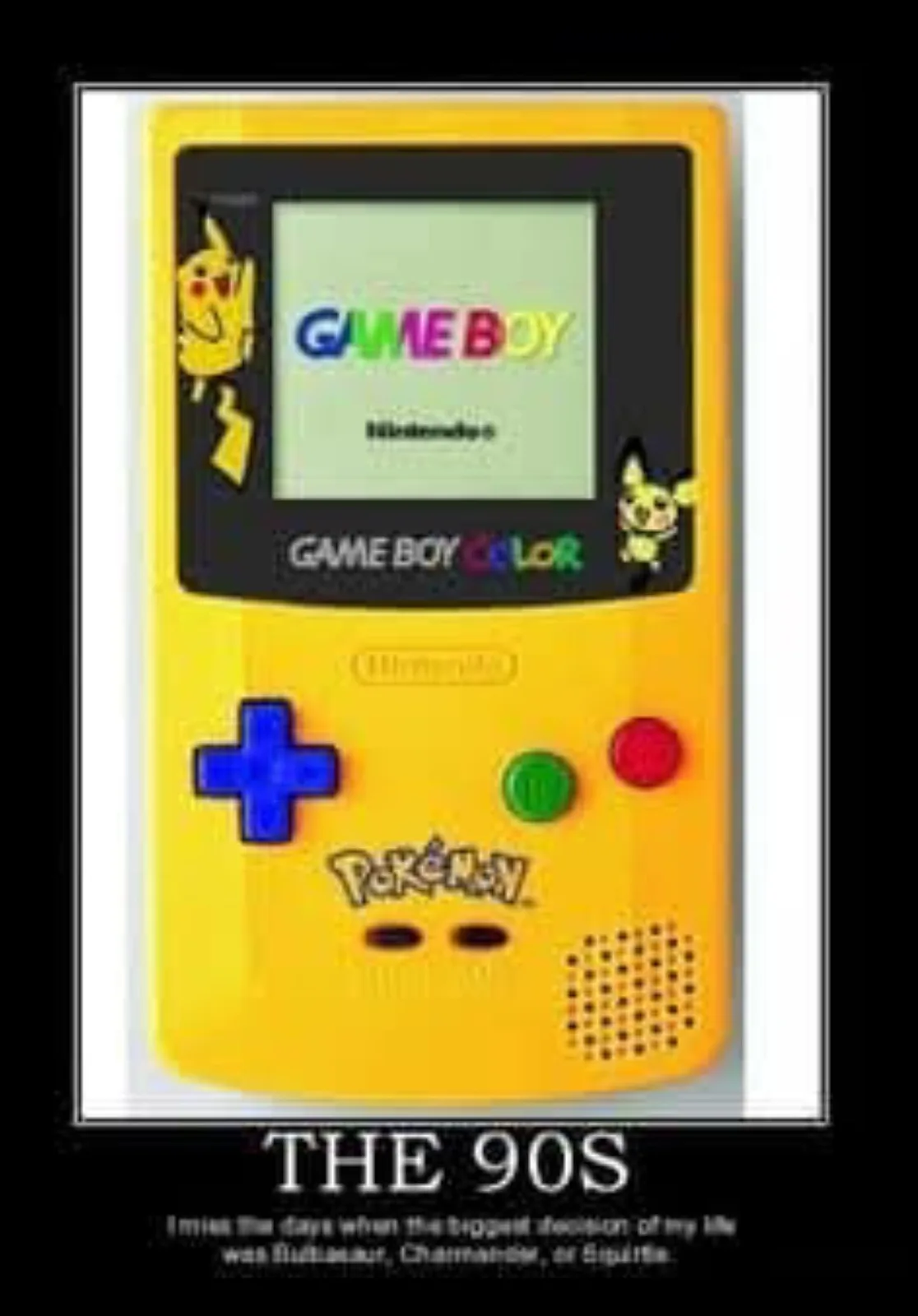 A yellow Game Boy Color with Pikachu and Pichu stickers on the screen frame, displaying the 'GAME BOY' startup logo. The…