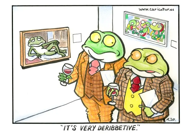 Two anthropomorphic frogs in suits and ties stand in an art gallery, each holding a wine glass. One frog looks pleased while…
