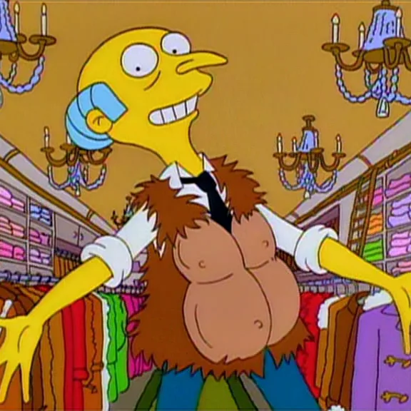 a yellow-skinned cartoon man with a blue earpiece and a fur coat stands in a clothing store with arms outstretched, his…