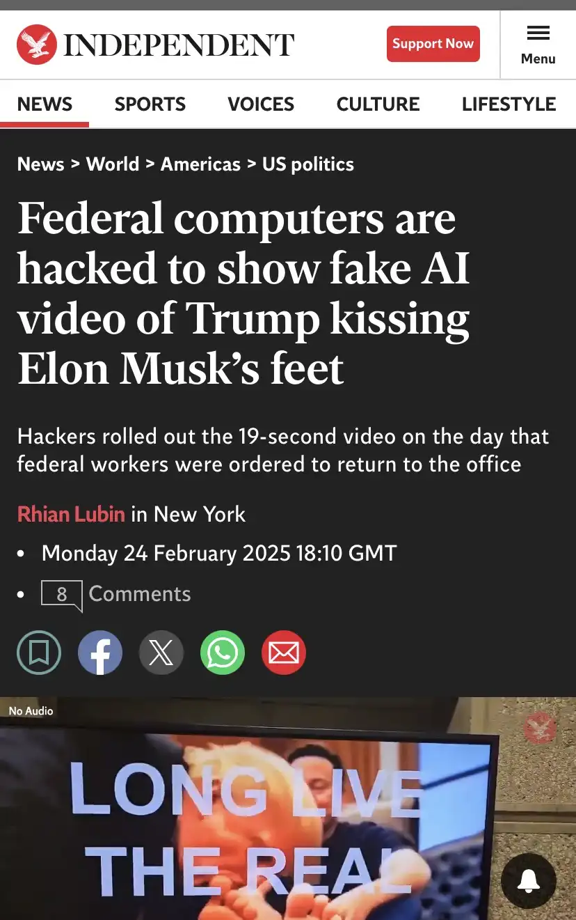 A screenshot of an Independent news article with the headline 'Federal computers are hacked to show fake AI video of Trump…