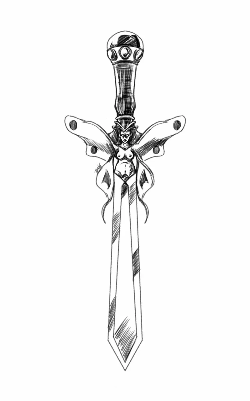 a black and white sketch of a sword with a female figure with butterfly wings embedded in the hilt. The figure has a stern…