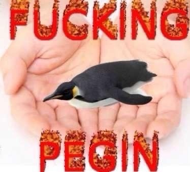 A pair of human hands cupped together, holding a small penguin. The word 'FUCKING' is written in large red letters above the…