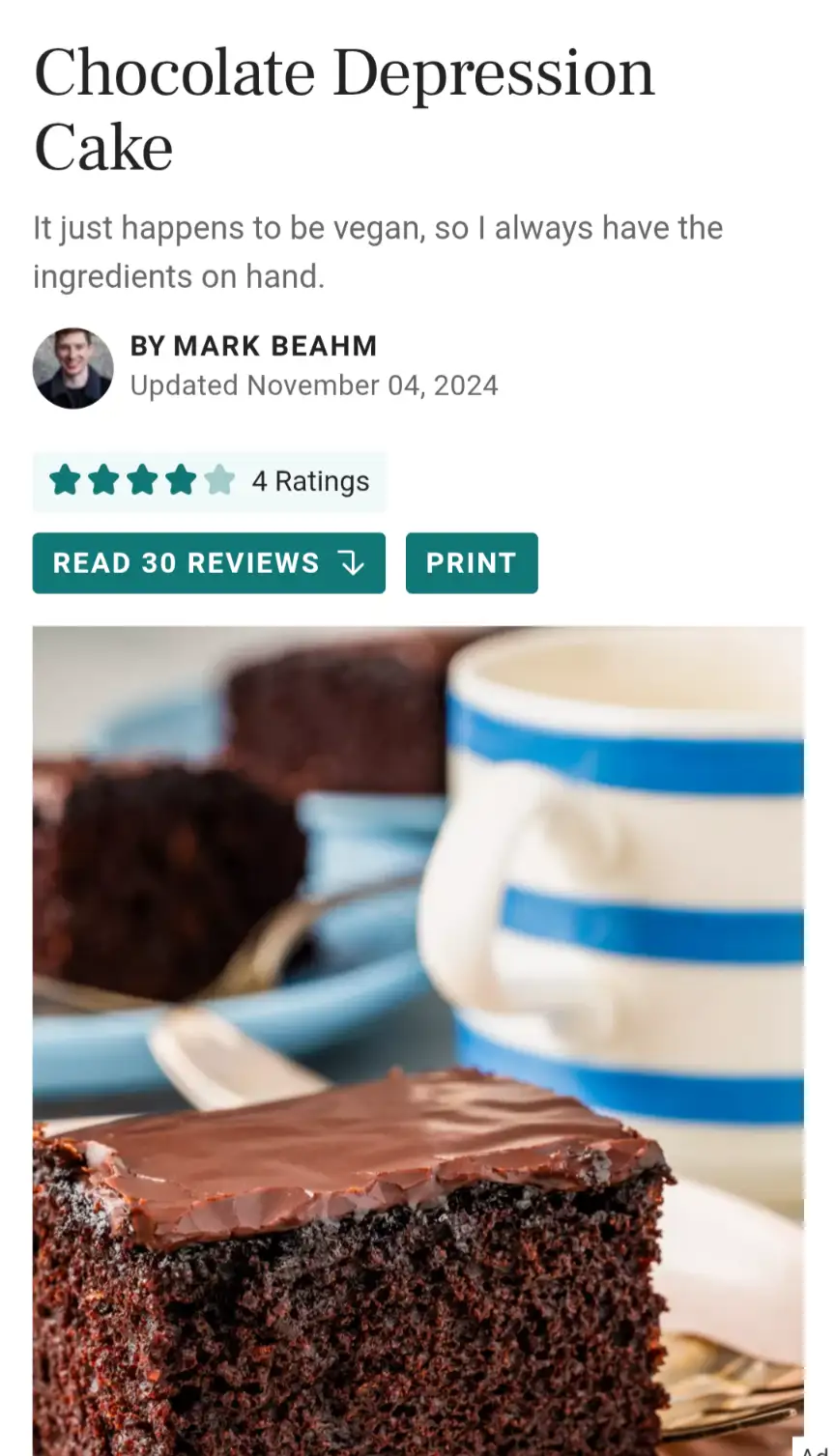 An image of a rich, dark chocolate cake with chocolate frosting, presented as a recipe titled 'Chocolate Depression Cake' by…
