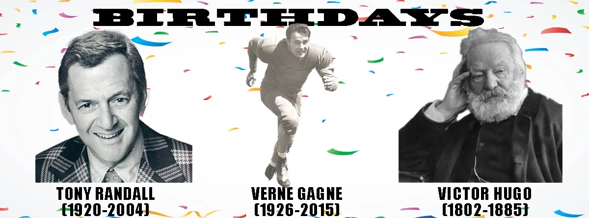 The image displays three black-and-white portraits against a white background with colorful confetti. From left to right…