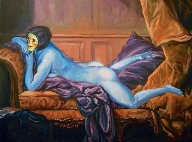 A painting depicts a blue-skinned, skeletal figure reclining nude on an ornate couch, draped in purple fabric, with a skull…