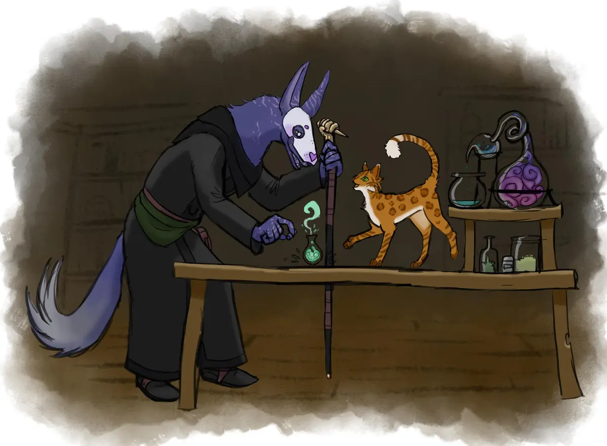 A purple-furred, donkey-headed humanoid in a black robe and green sash leans over a wooden table, stirring a glowing green…