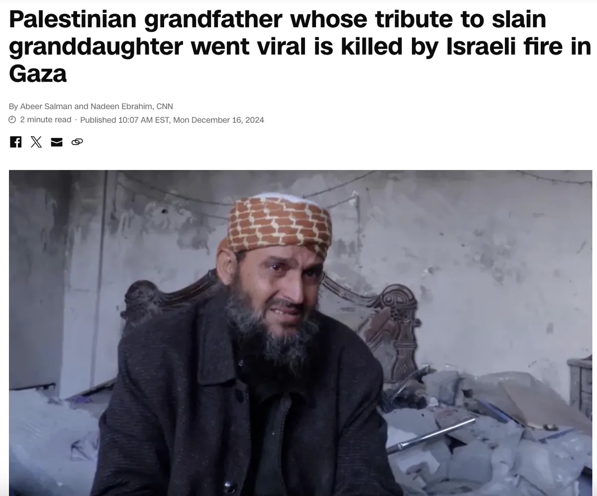 A screenshot of a CNN news article shows a photo of a Palestinian man with a beard and a brick-patterned head covering…