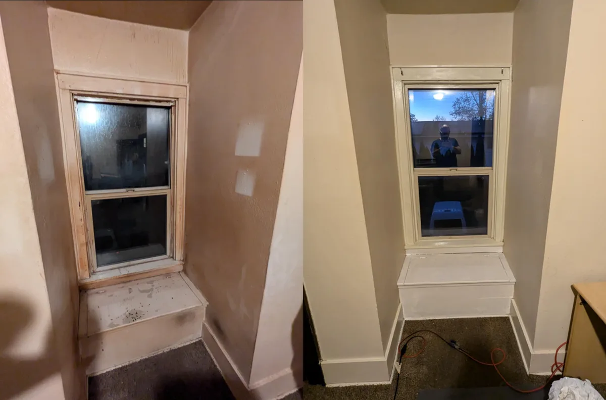 A side-by-side comparison shows a window before and after renovation. The left image displays a window with dirty, stained…