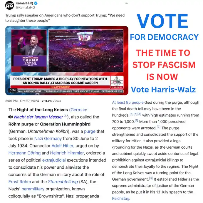 A screenshot of a Twitter post from 'Kamala HQ' showing a news clip of a Trump rally at Madison Square Garden, overlaid with…